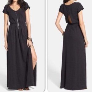 Free People FP Beach ADRINA Back Cut Out Hi Slit Black Knit Maxi Dress Pockets L